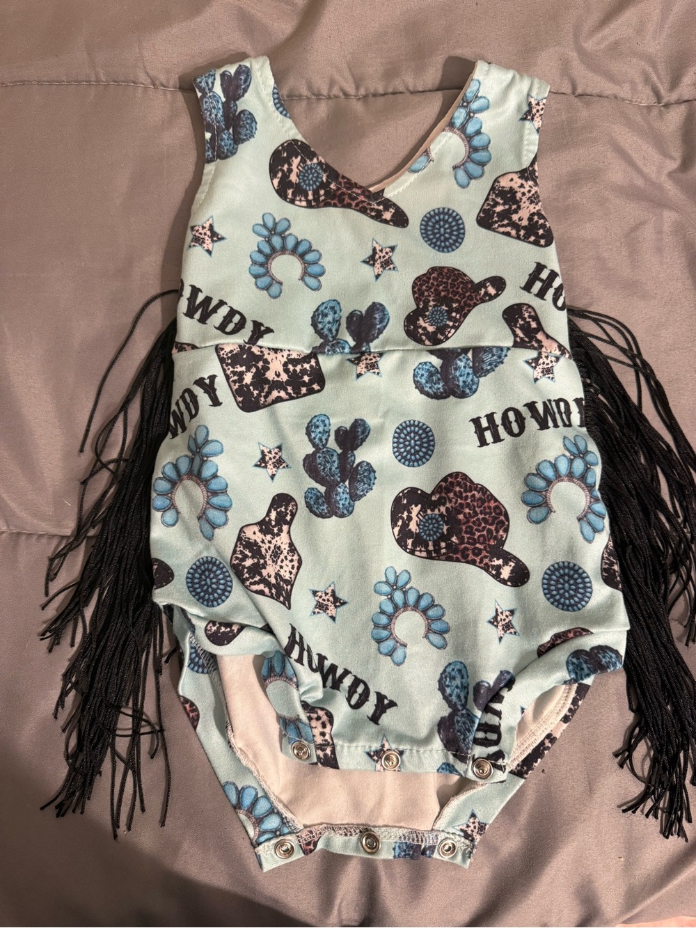 Cowboy Fringe Baby Romper in Mint with Blue Accents